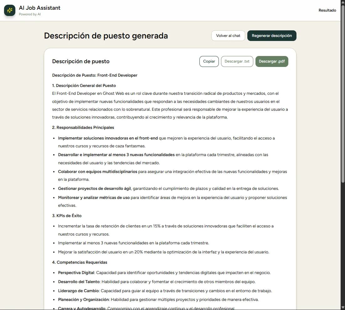 Pantalla de resultado: la descripción de puesto generada, con botones para copiar, descargar en .txt o .pdf, regenerar y volver al chat.
